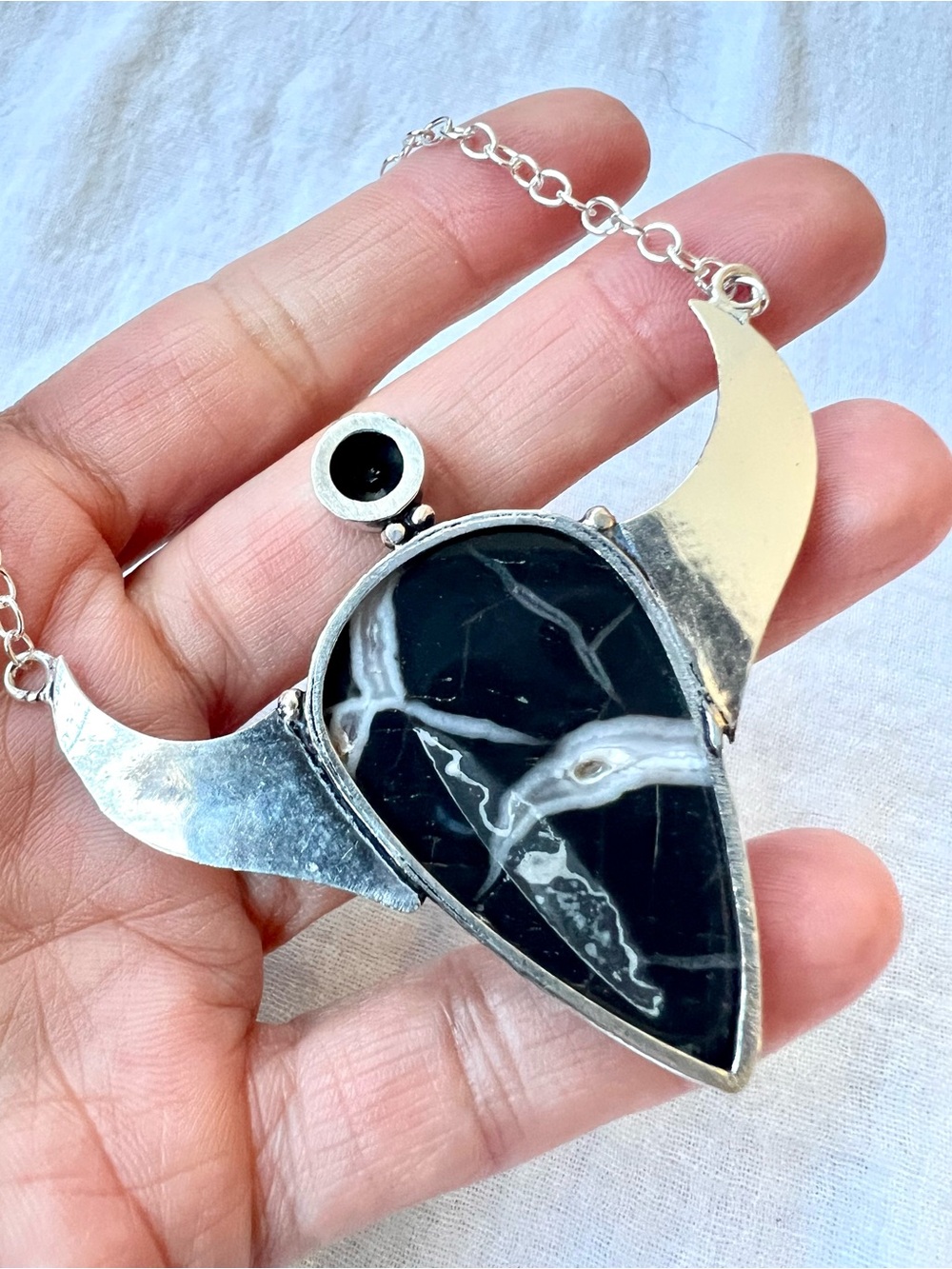925 Ancient Black SEPTARIAN Quartz Crystal Embossed Necklace - Picture 4 of 9